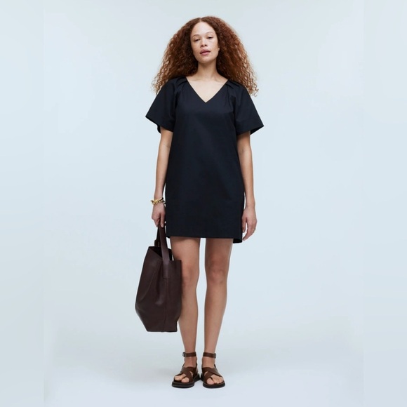 Madewell Black V-Neck Mini Dress Minimalist simple pockets Poplin cotton - Picture 1 of 12